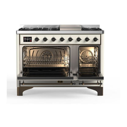 ILVE Majestic II 48 inch Solid Door Natural Gas Dual Fuel Range Burnished Antique White
