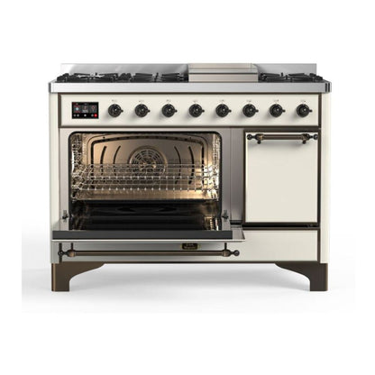 ILVE Majestic II 48 inch Solid Door Natural Gas Dual Fuel Range Burnished Antique White