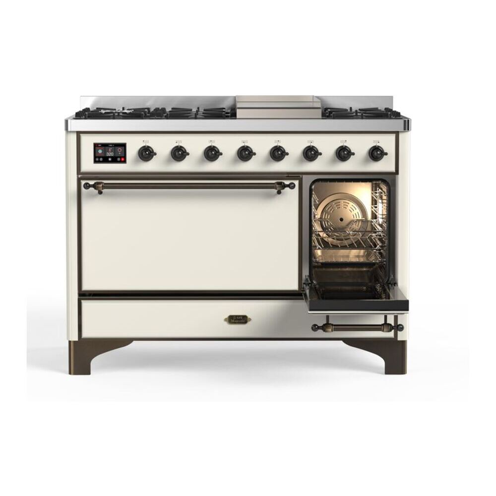 ILVE Majestic II 48 inch Solid Door Natural Gas Dual Fuel Range Burnished Antique White