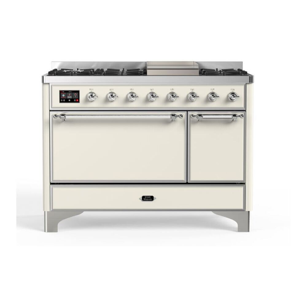 ILVE Majestic II 48" Antique White Dual Fuel Range with 8 Burners and Griddle Solid Door Natural Gas