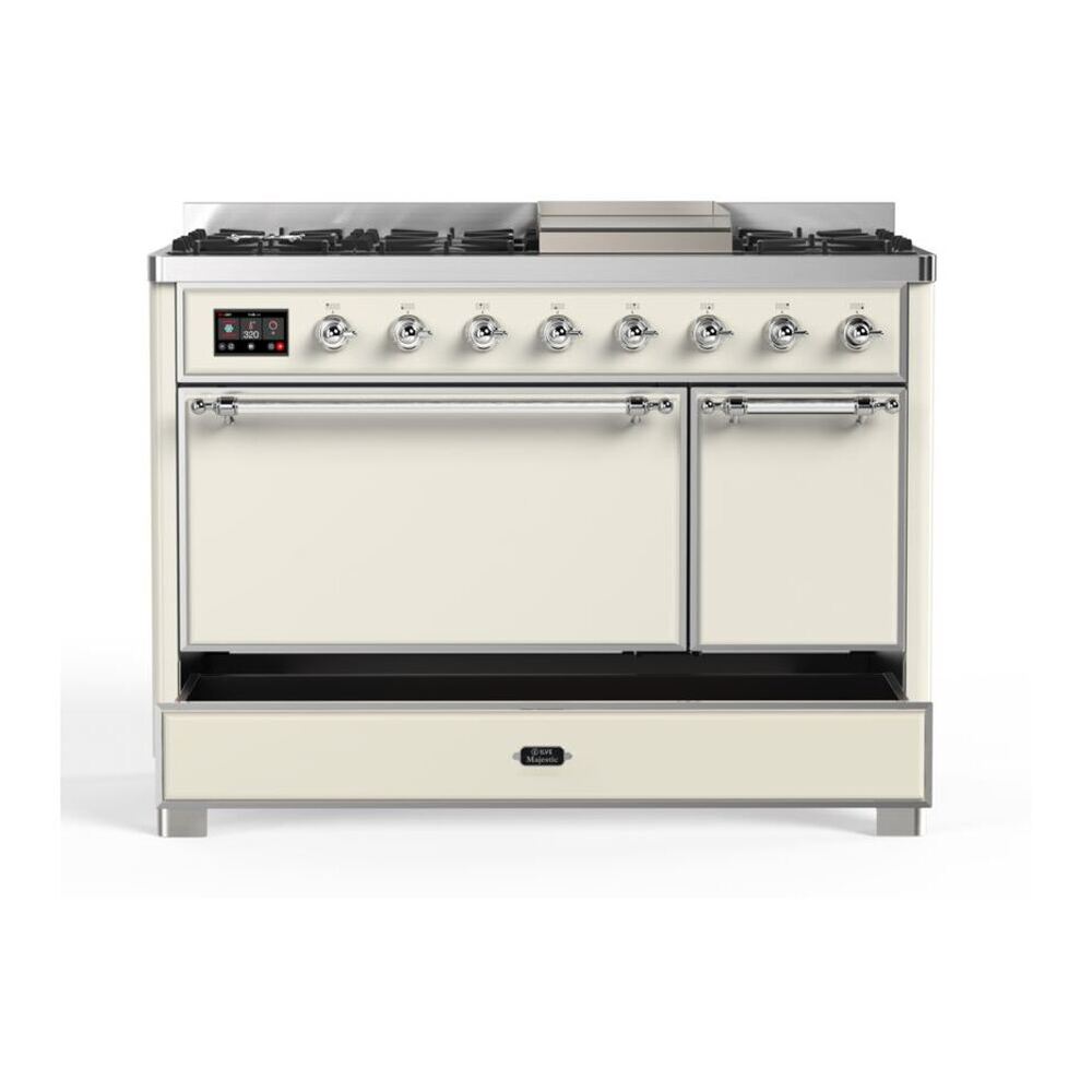 ILVE Majestic II 48 inch Solid Door Natural Gas Dual Fuel Range Chrome Antique White