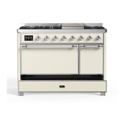ILVE Majestic II 48 inch Solid Door Natural Gas Dual Fuel Range Chrome Antique White