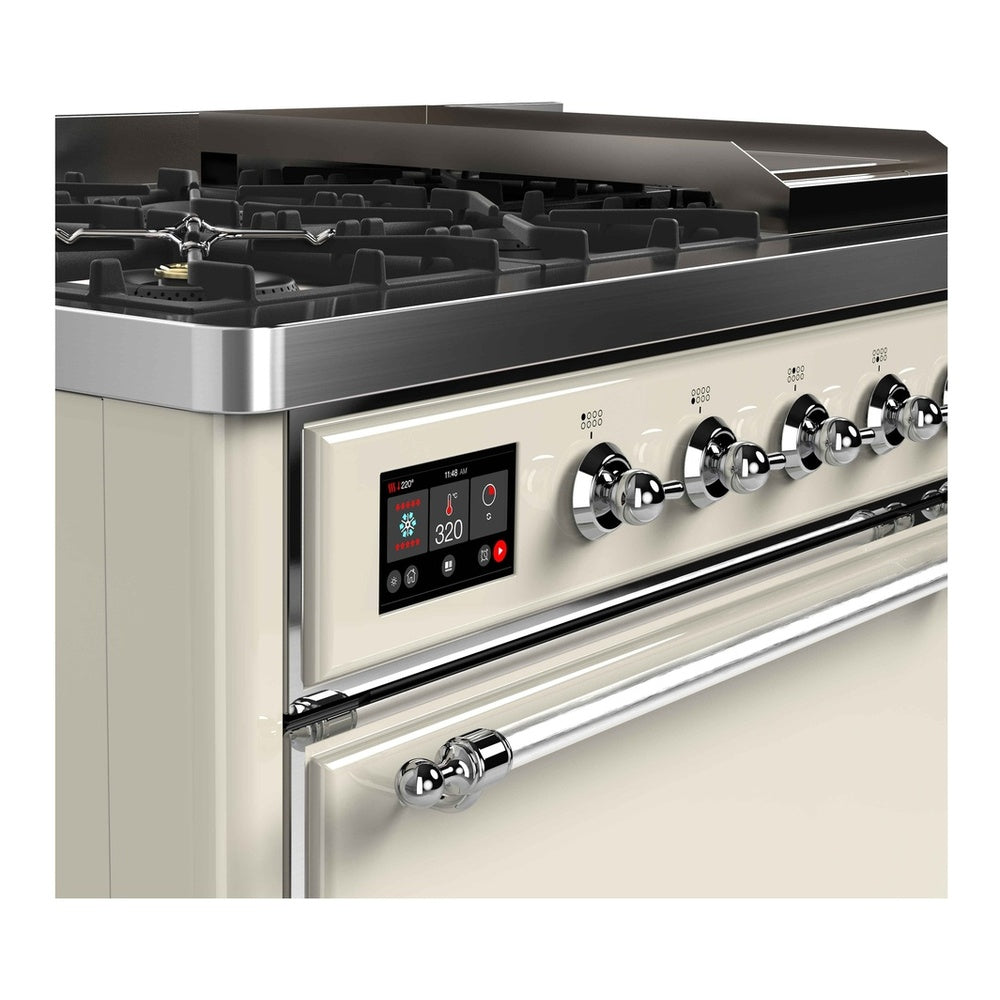 ILVE Majestic II 48 inch Solid Door Natural Gas Dual Fuel Range Chrome Antique White