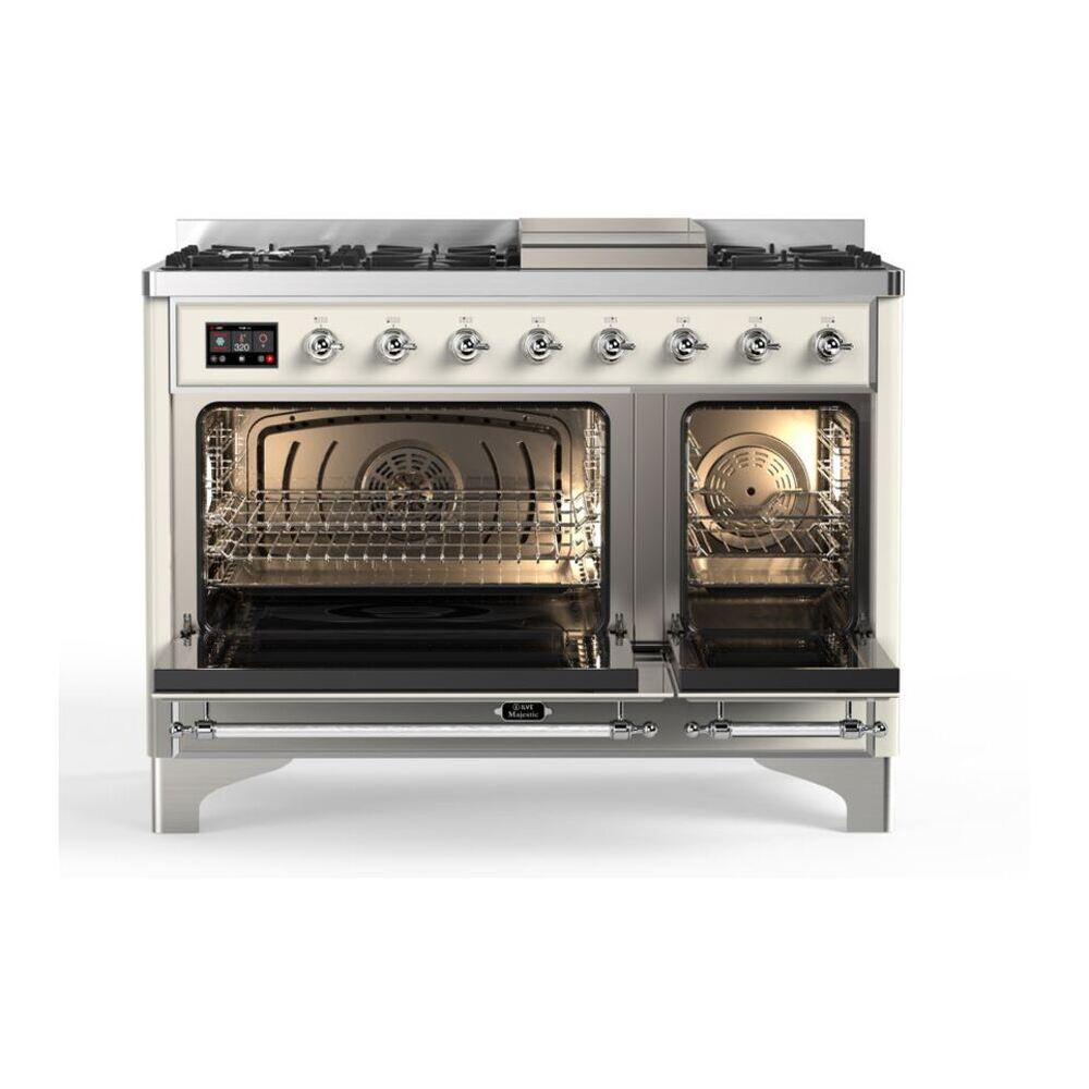ILVE Majestic II 48 inch Solid Door Natural Gas Dual Fuel Range Chrome Antique White