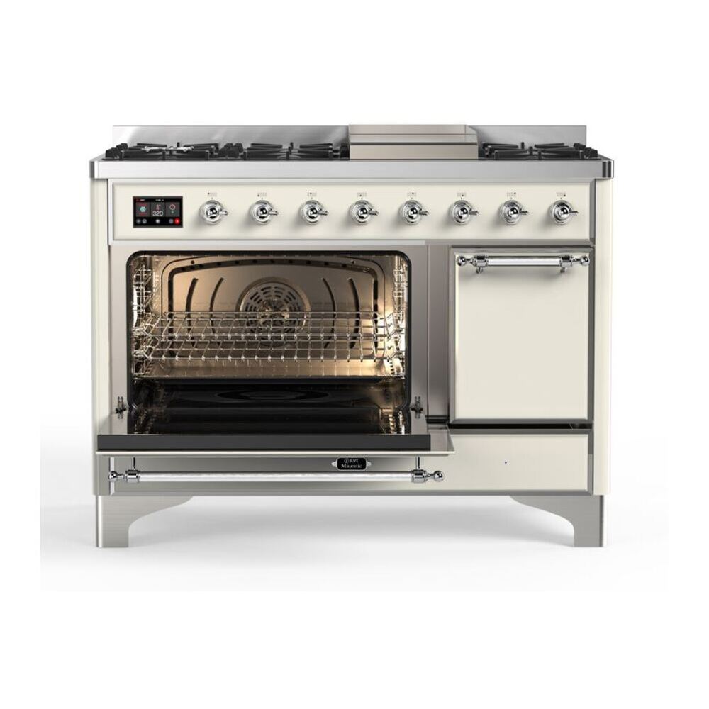 ILVE Majestic II 48 inch Solid Door Natural Gas Dual Fuel Range Chrome Antique White