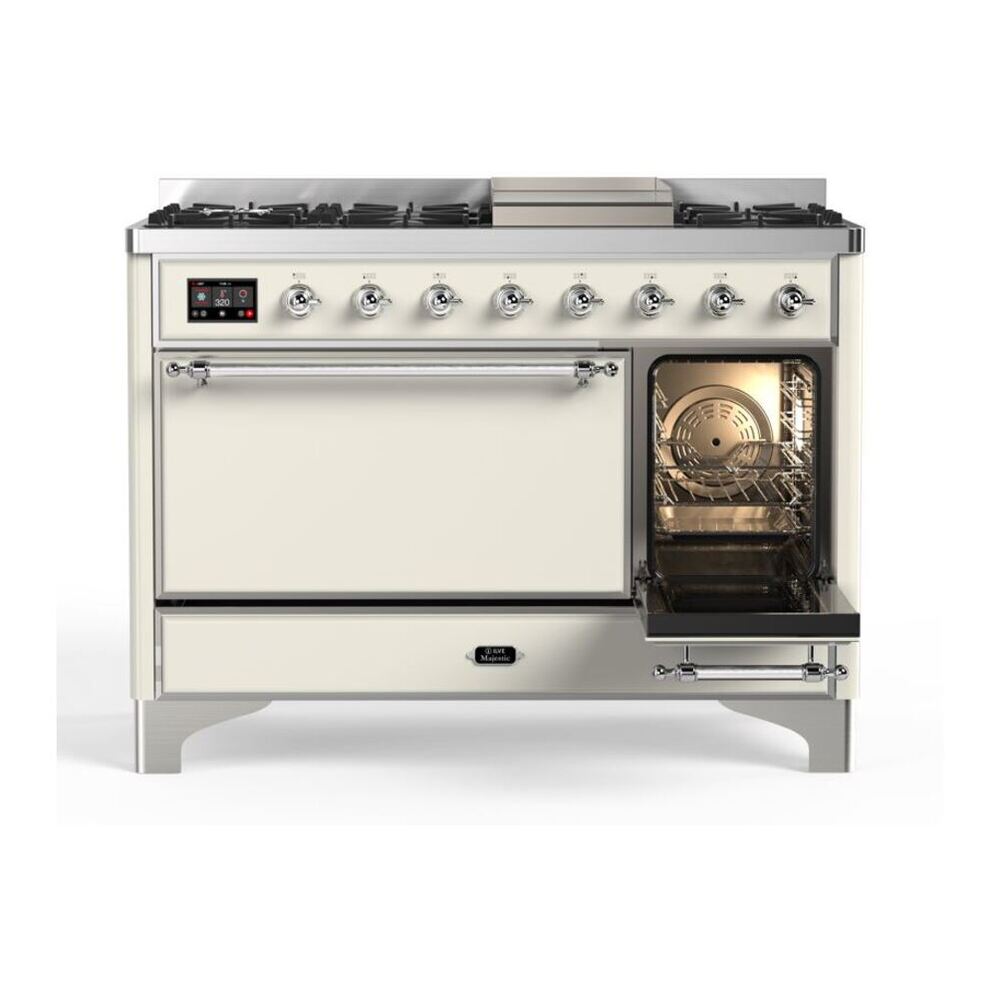 ILVE Majestic II 48 inch Solid Door Natural Gas Dual Fuel Range Chrome Antique White