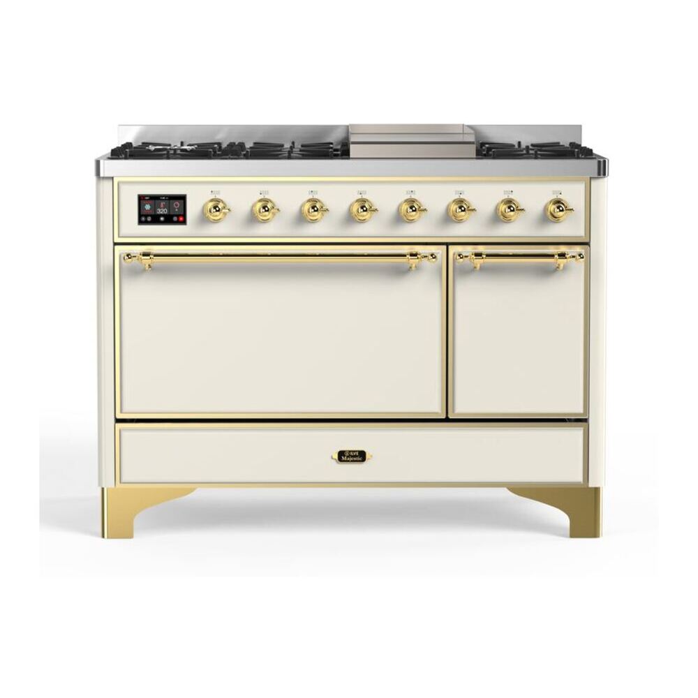 ILVE Majestic II 48" Antique White Dual Fuel Range with 8 Burners and Griddle Solid Door Natural Gas