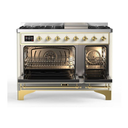ILVE Majestic II 48 inch Solid Door Natural Gas Dual Fuel Range Brass Antique White
