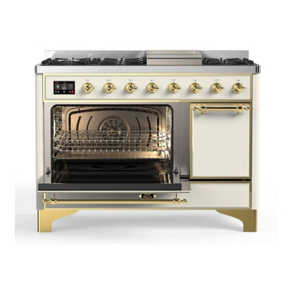 ILVE Majestic II 48 inch Solid Door Natural Gas Dual Fuel Range Brass Antique White