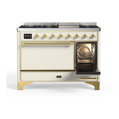 ILVE Majestic II 48 inch Solid Door Natural Gas Dual Fuel Range Brass Antique White