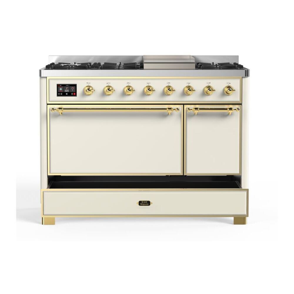 ILVE Majestic II 48 inch Solid Door Natural Gas Dual Fuel Range Brass Antique White