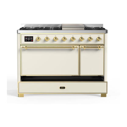 ILVE Majestic II 48 inch Solid Door Natural Gas Dual Fuel Range Brass Antique White