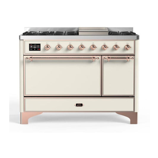 ILVE Majestic II 48" Antique White Dual Fuel Range with 8 Burners and Griddle Solid Door Natural Gas