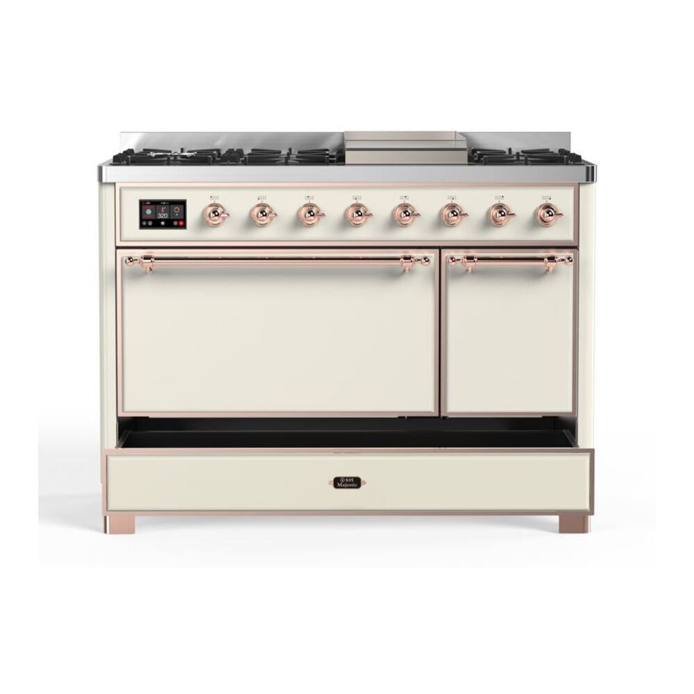 ILVE Majestic II 48 inch Solid Door Natural Gas Dual Fuel Range Copper Antique White