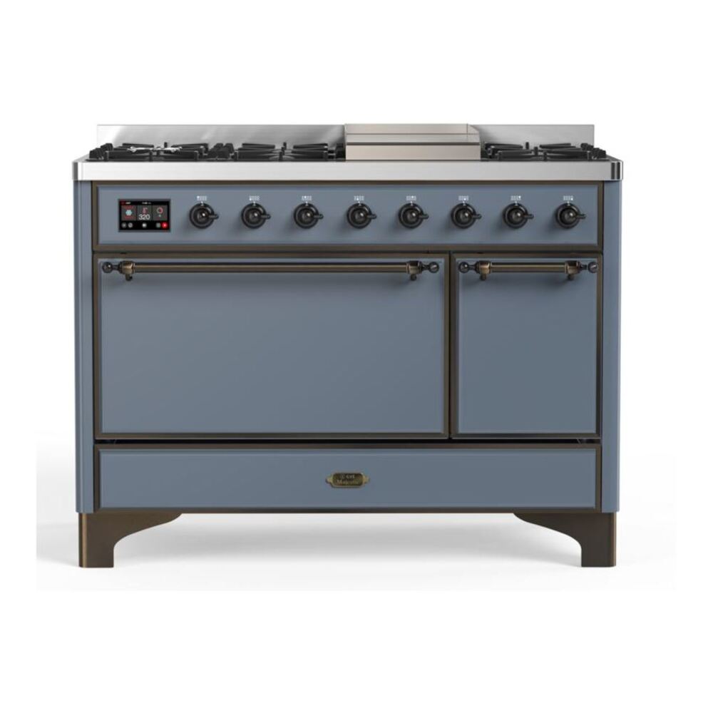 ILVE Majestic II 48" Blue Grey Dual Fuel Range with 8 Burners and Griddle Solid Door Liquid Propane