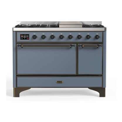 ILVE Majestic II 48" Blue Grey Dual Fuel Range with 8 Burners and Griddle Solid Door Liquid Propane