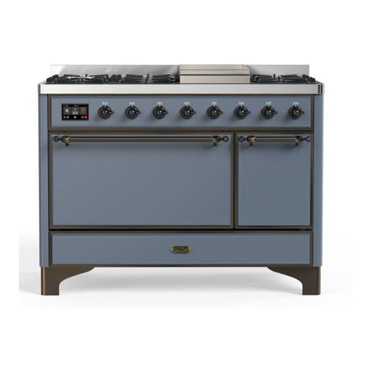 ILVE Majestic II 48" Blue Grey Dual Fuel Range with 8 Burners and Griddle Solid Door Liquid Propane