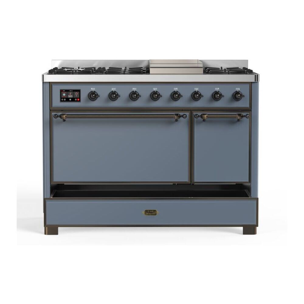 ILVE Majestic II 48" Blue Grey Dual Fuel Range with 8 Burners and Griddle Solid Door Liquid Propane