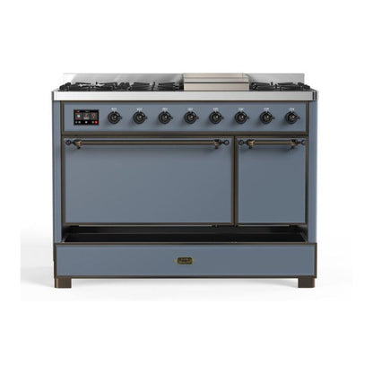 ILVE Majestic II 48" Blue Grey Dual Fuel Range with 8 Burners and Griddle Solid Door Liquid Propane