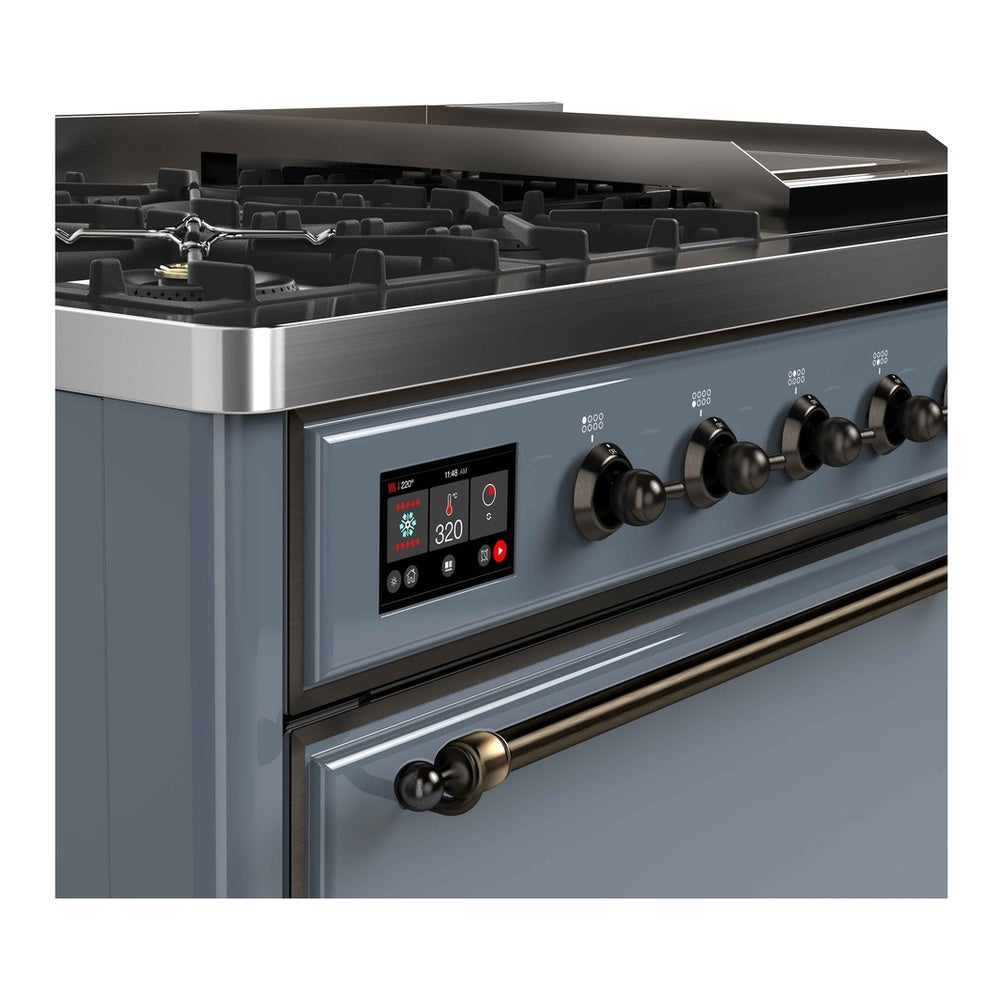 ILVE Majestic II 48" Blue Grey Dual Fuel Range with 8 Burners and Griddle Solid Door Liquid Propane
