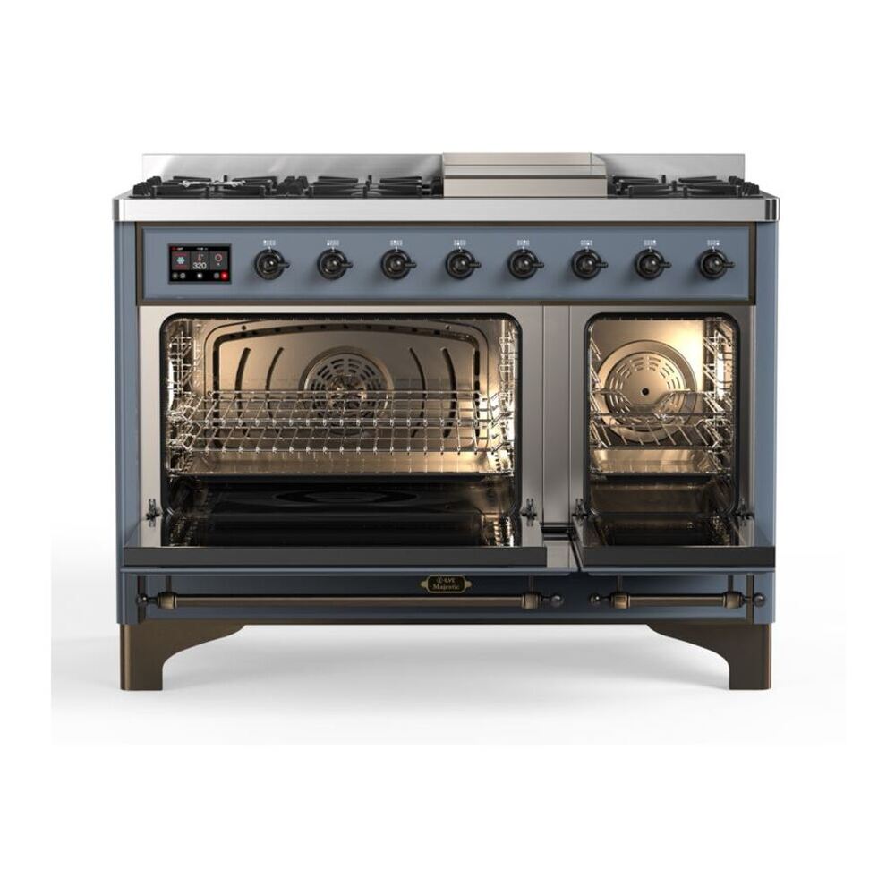 ILVE Majestic II 48" Blue Grey Dual Fuel Range with 8 Burners and Griddle Solid Door Liquid Propane