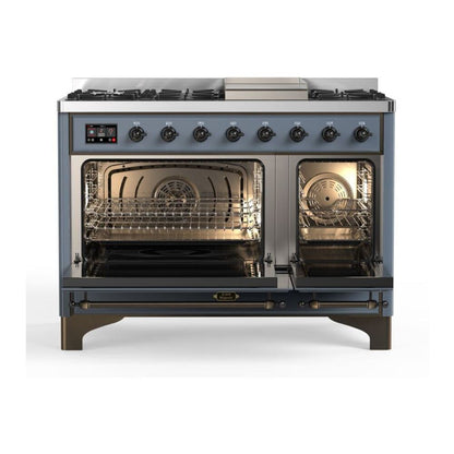 ILVE Majestic II 48" Blue Grey Dual Fuel Range with 8 Burners and Griddle Solid Door Liquid Propane