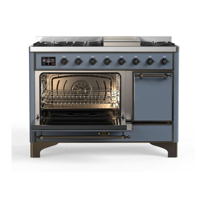 ILVE Majestic II 48" Blue Grey Dual Fuel Range with 8 Burners and Griddle Solid Door Liquid Propane