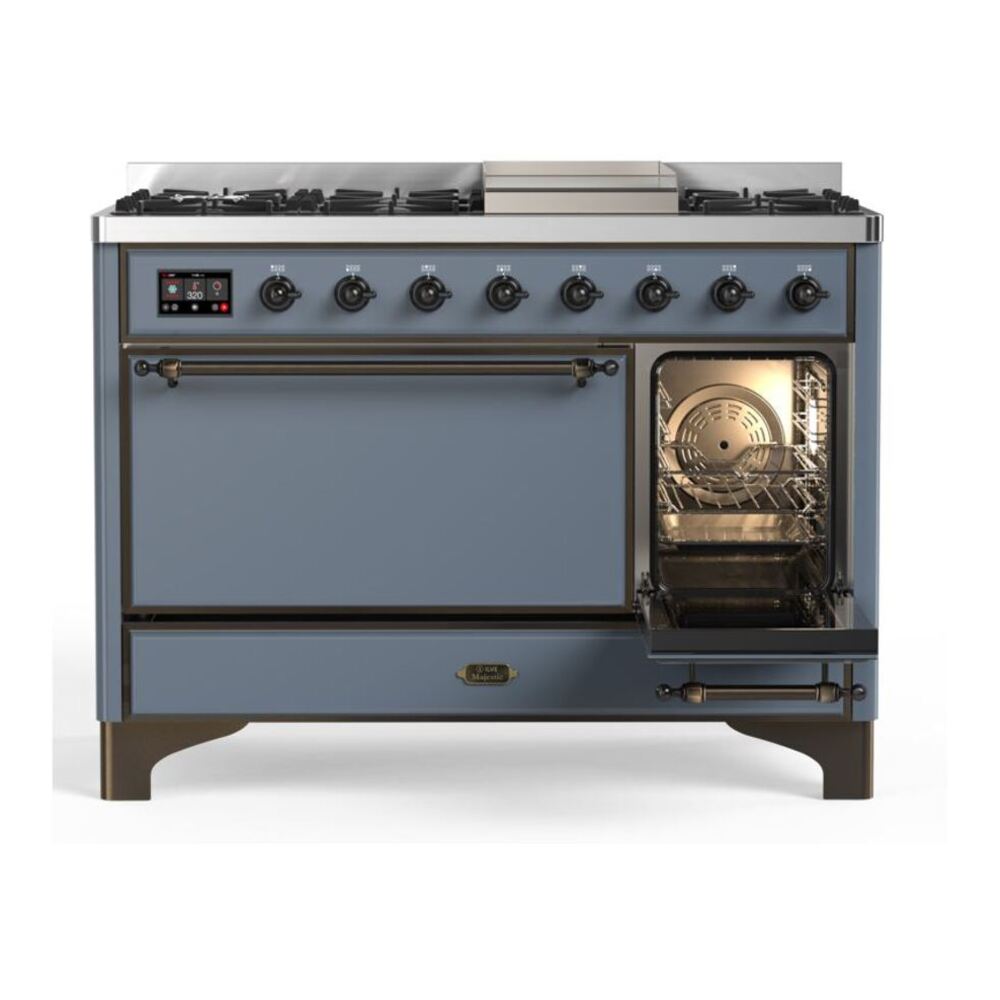 ILVE Majestic II 48" Blue Grey Dual Fuel Range with 8 Burners and Griddle Solid Door Liquid Propane