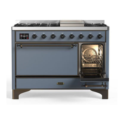 ILVE Majestic II 48" Blue Grey Dual Fuel Range with 8 Burners and Griddle Solid Door Liquid Propane