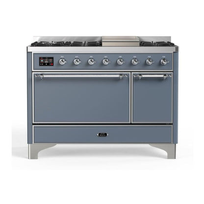 ILVE Majestic II 48" Blue Grey Dual Fuel Range with 8 Burners and Griddle Solid Door Liquid Propane