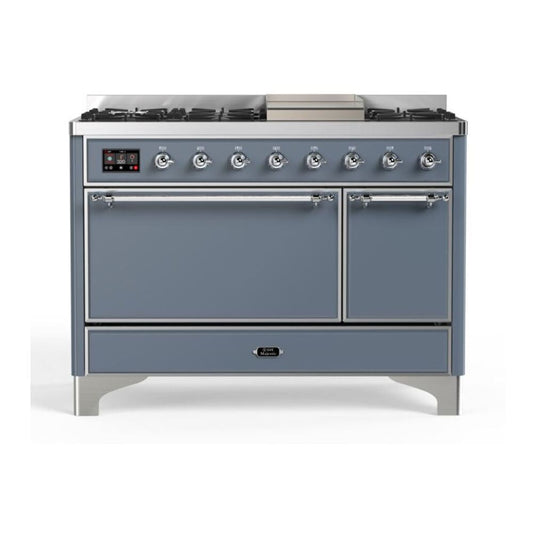 ILVE Majestic II 48" Blue Grey Dual Fuel Range with 8 Burners and Griddle Solid Door Natural Gas