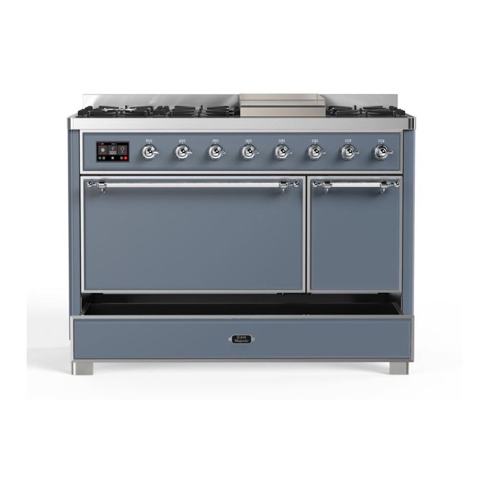 ILVE Majestic II 48 inch Solid Door Natural Gas Dual Fuel Range Chrome Blue Grey