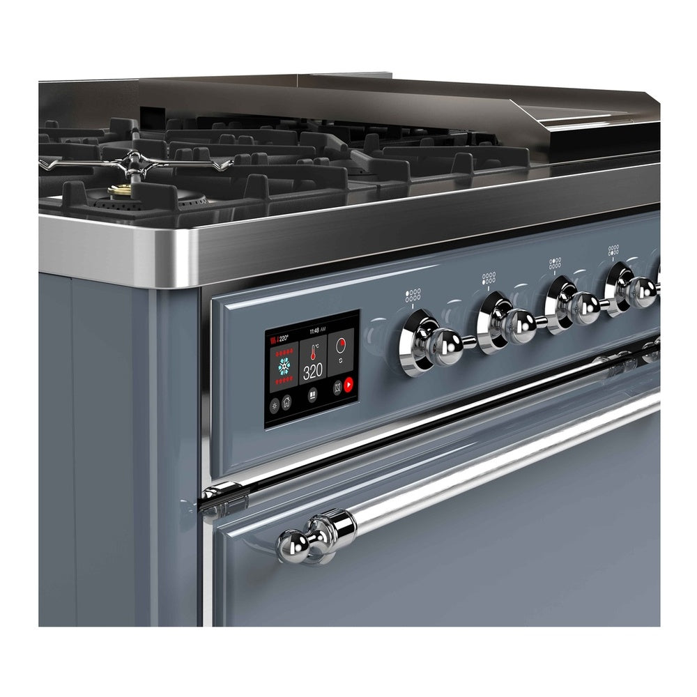 ILVE Majestic II 48 inch Solid Door Natural Gas Dual Fuel Range Chrome Blue Grey