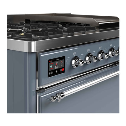 ILVE Majestic II 48 inch Solid Door Natural Gas Dual Fuel Range Chrome Blue Grey