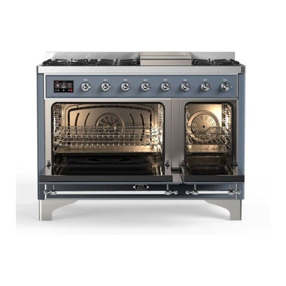 ILVE Majestic II 48 inch Solid Door Natural Gas Dual Fuel Range Chrome Blue Grey