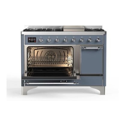 ILVE Majestic II 48 inch Solid Door Natural Gas Dual Fuel Range Chrome Blue Grey