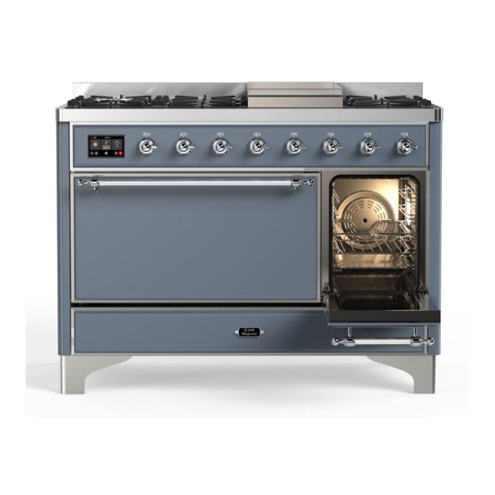 ILVE Majestic II 48 inch Solid Door Natural Gas Dual Fuel Range Chrome Blue Grey