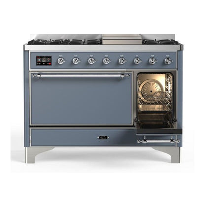 ILVE Majestic II 48 inch Solid Door Natural Gas Dual Fuel Range Chrome Blue Grey