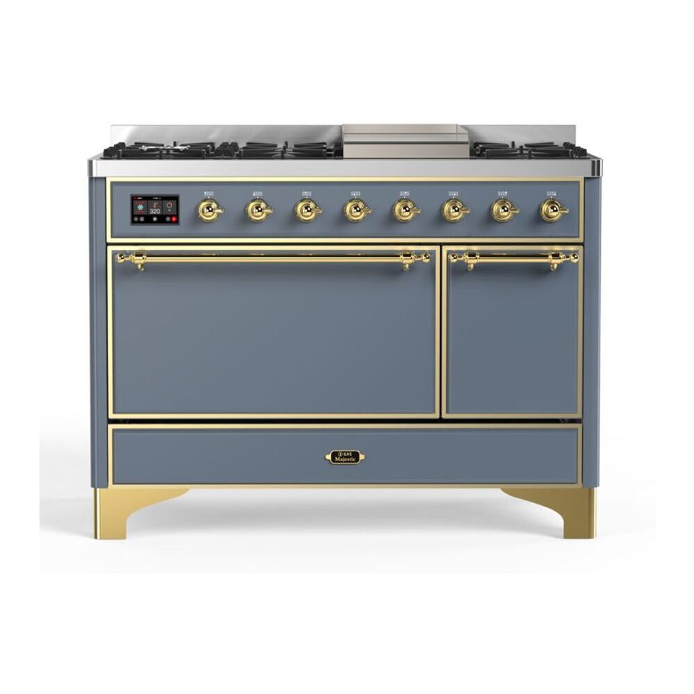 ILVE Majestic II 48" Blue Grey Dual Fuel Range with 8 Burners and Griddle Solid Door Liquid Propane