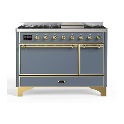 ILVE Majestic II 48" Blue Grey Dual Fuel Range with 8 Burners and Griddle Solid Door Liquid Propane