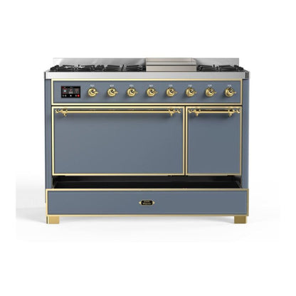 ILVE Majestic II 48 inch Solid Door Natural Gas Dual Fuel Range Brass Blue Grey