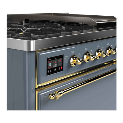 ILVE Majestic II 48 inch Solid Door Natural Gas Dual Fuel Range Brass Blue Grey