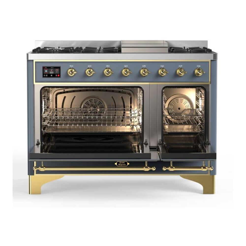 ILVE Majestic II 48 inch Solid Door Natural Gas Dual Fuel Range Brass Blue Grey