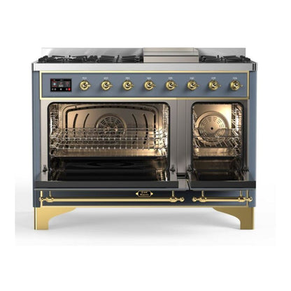 ILVE Majestic II 48 inch Solid Door Natural Gas Dual Fuel Range Brass Blue Grey
