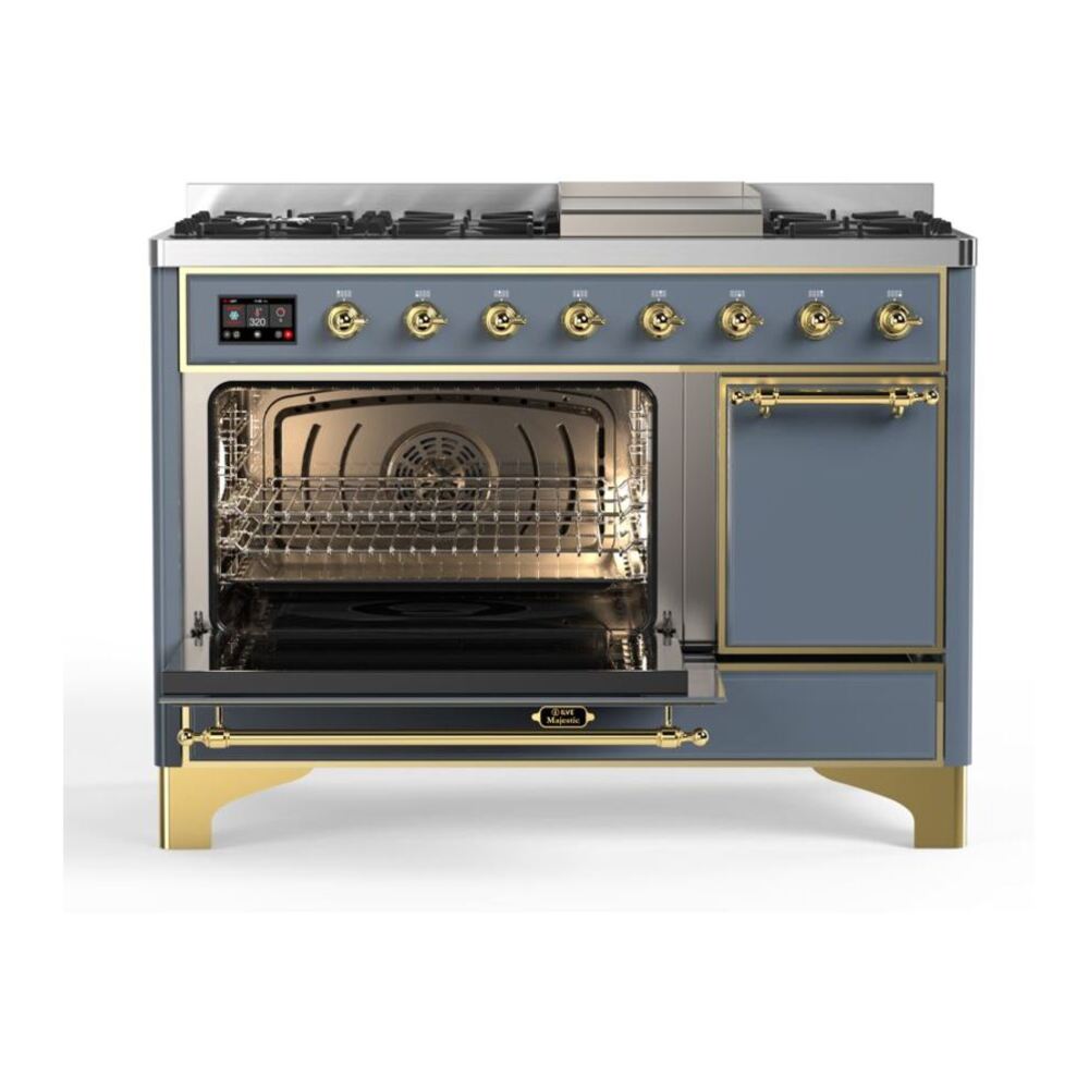 ILVE Majestic II 48 inch Solid Door Natural Gas Dual Fuel Range Brass Blue Grey