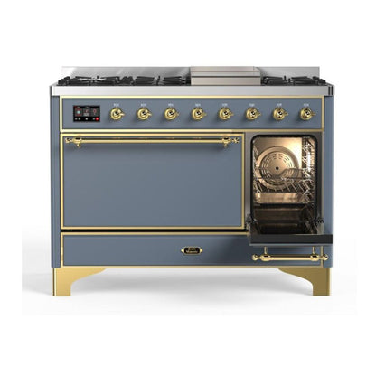 ILVE Majestic II 48 inch Solid Door Natural Gas Dual Fuel Range Brass Blue Grey