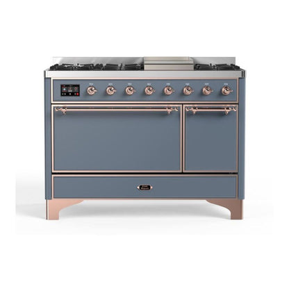 ILVE Majestic II 48" Blue Grey Dual Fuel Range with 8 Burners and Griddle Solid Door Liquid Propane