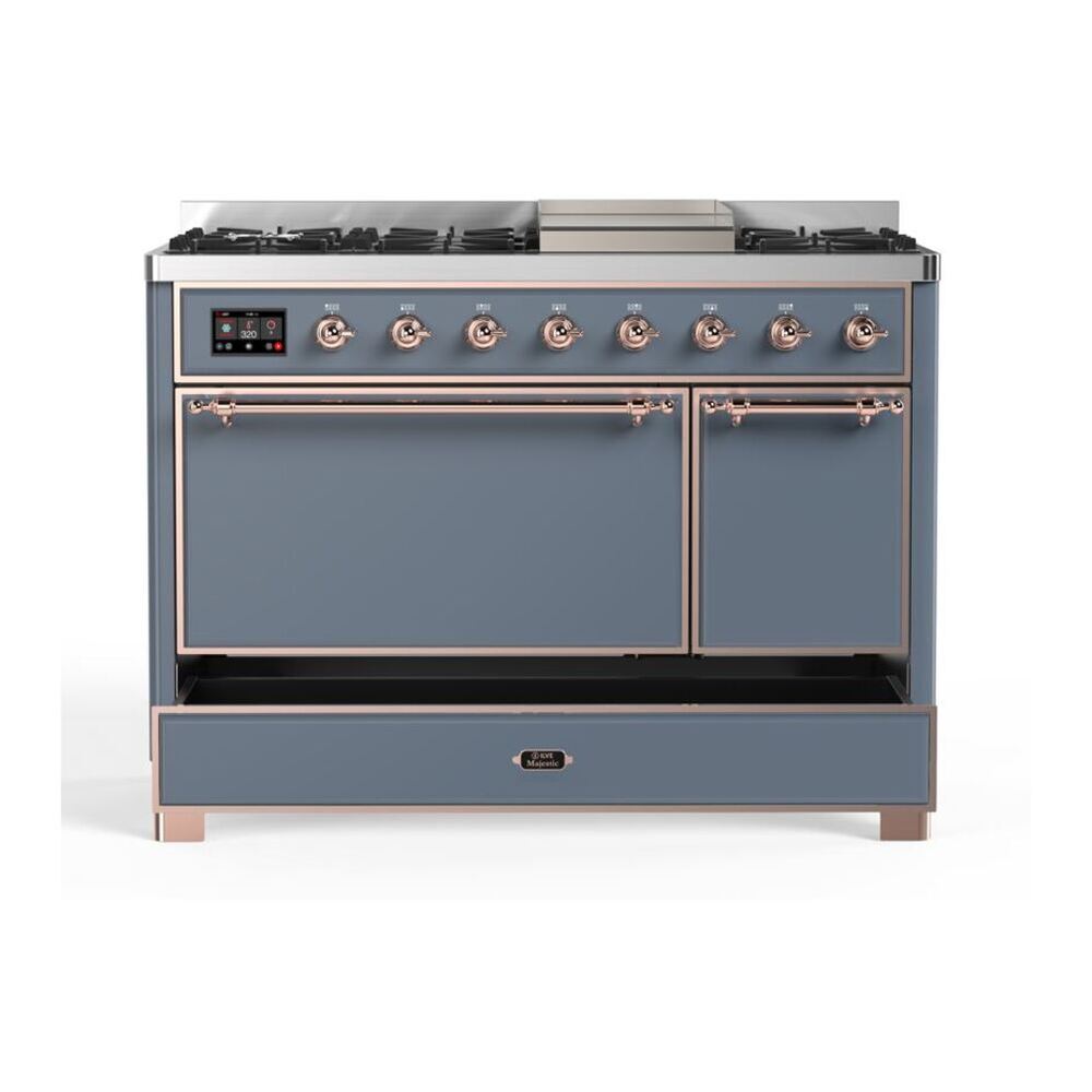 ILVE Majestic II 48 inch Solid Door Natural Gas Dual Fuel Range Copper Blue Grey