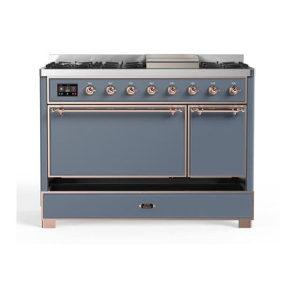ILVE Majestic II 48 inch Solid Door Natural Gas Dual Fuel Range Copper Blue Grey