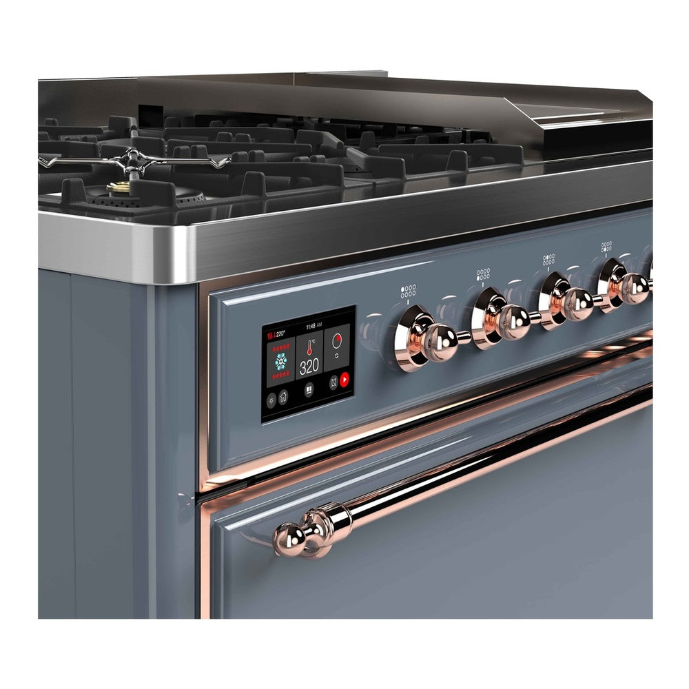 ILVE Majestic II 48 inch Solid Door Natural Gas Dual Fuel Range Copper Blue Grey